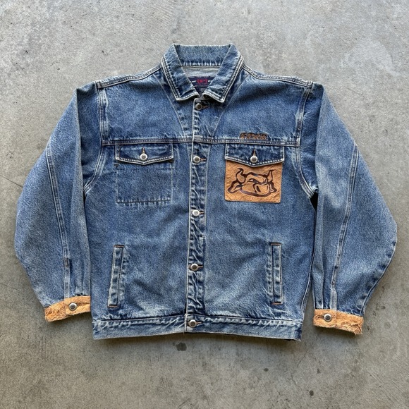 VTG Y2K Phat Farm Basic Denim Jacket Womens Large Blue Preowned Leather Accent - Picture 1 of 10